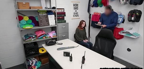  Petite redhead thief Aria Carson caught and fucked hard by a perverted security guy